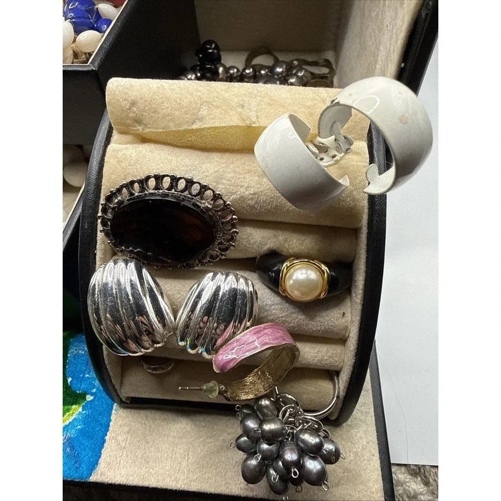 Vintage Jewelry Box Lot: Box, Necklaces, Bracelets, Rings, Earrings